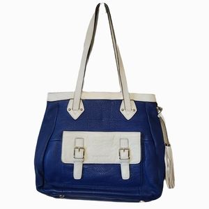 Isaac Mizrahi Pebbled Leather Satchel, Royal Blue and Off-White